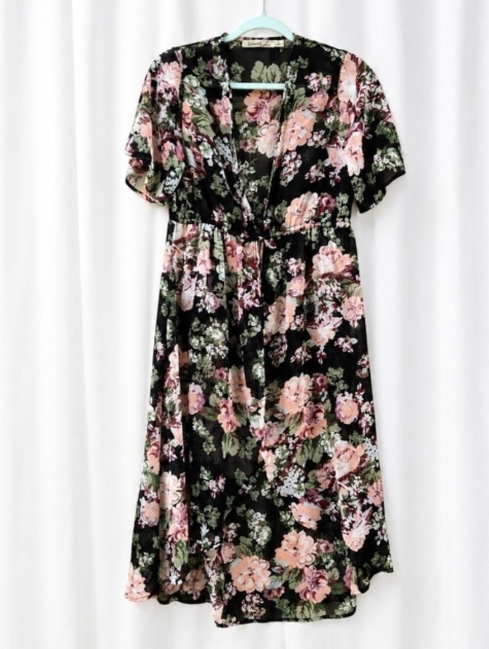 Liberty Love Sheer Floral Duster Tie Front Shrug Cardigan M Boho Kimono Cottage